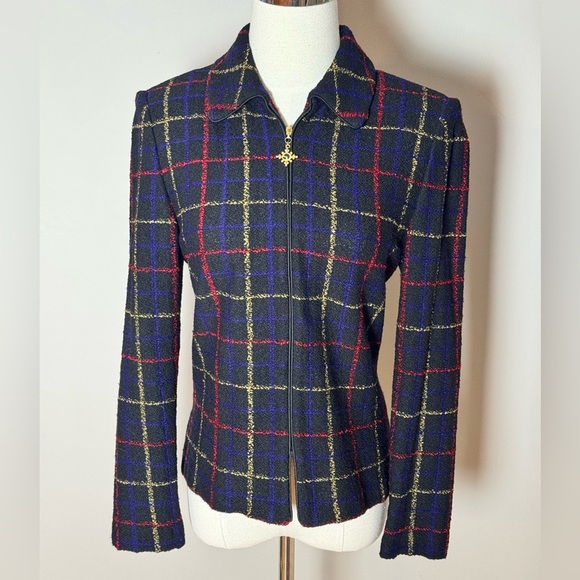 St. John Black Plaid Zip Blazer Size 4 - Picture 7 of 8